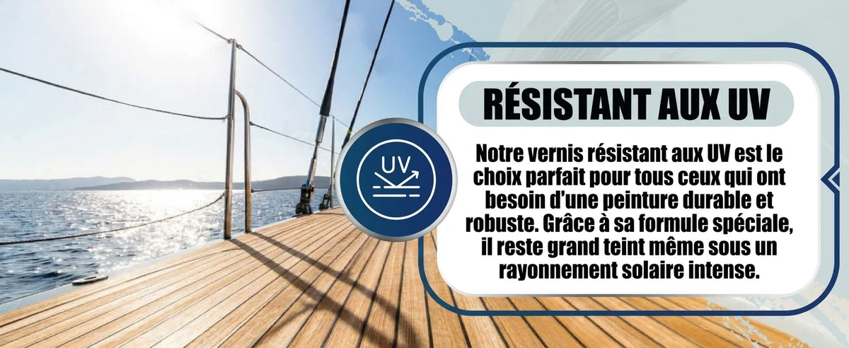 Peinture et vernis marin résistant aux UV sur pont de voilier, garantissant une couleur durable au soleil.