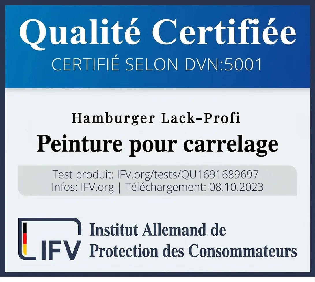 Certification qualité IFV pour peinture carrelage Hamburger Lack-Profi. Produit testé, certifié DVN:5001.