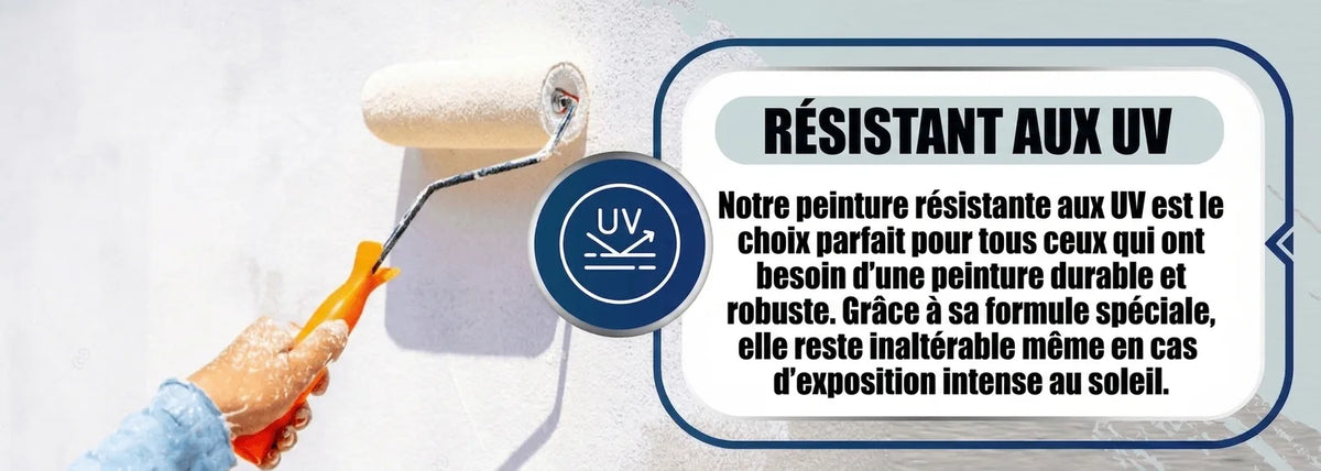 Main appliquant de la peinture blanche résistante aux UV avec un rouleau. Icône et texte sur la durabilité couleur.