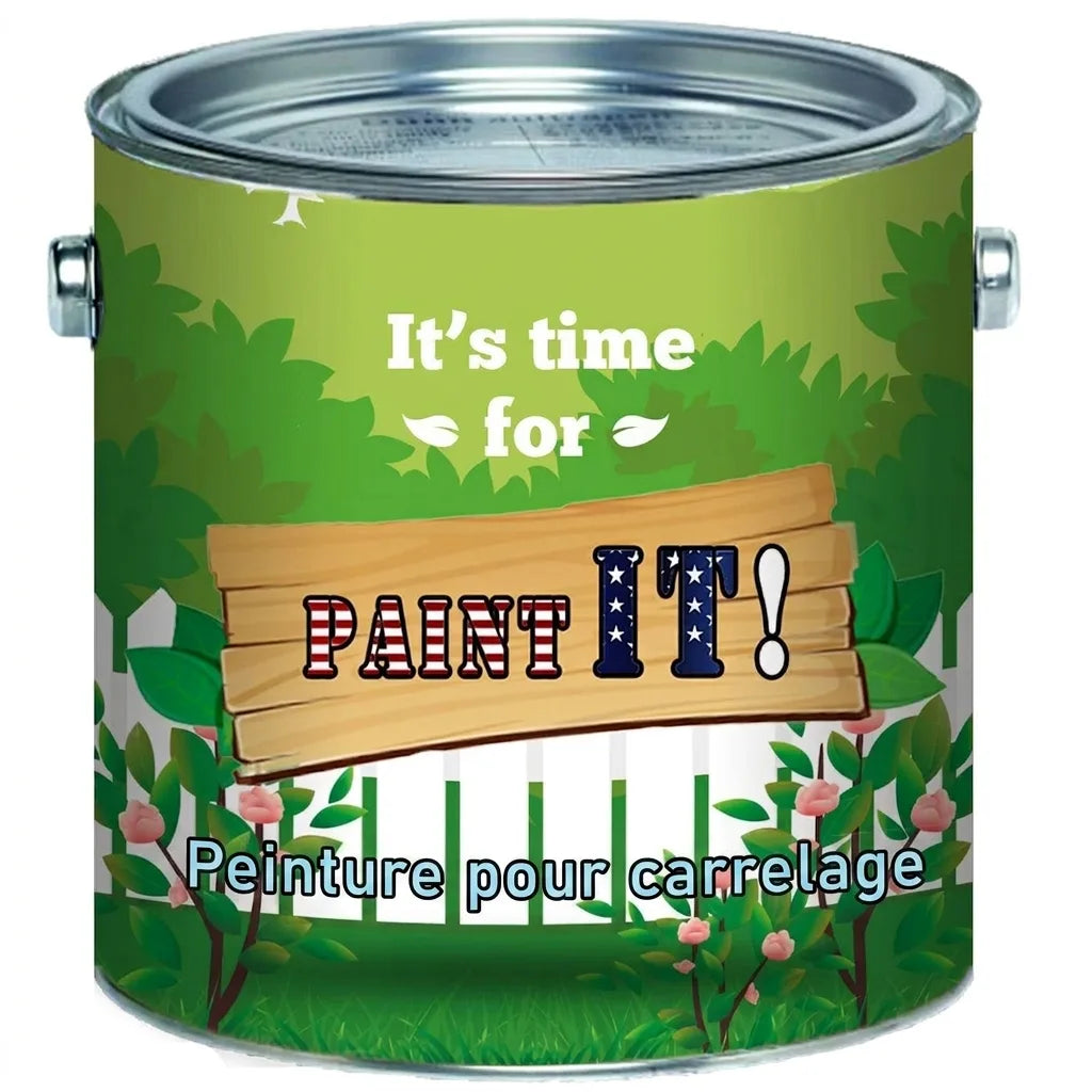 Bidon de peinture au design de jardin. Texte "It's time for PAINT IT!" et "Fliesenlack" (peinture carrelage).