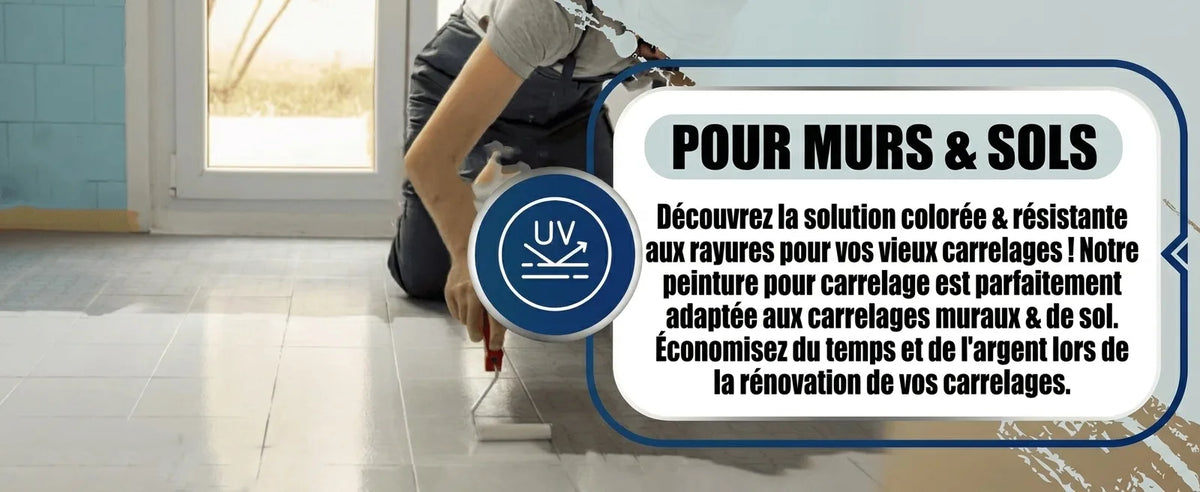 Personne peignant des carreaux de sol. Peinture carrelage murs & sols, résistante aux rayures, rénovation facile.