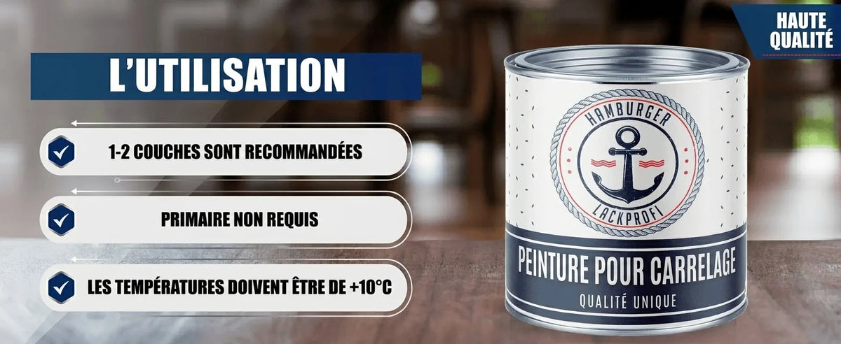 Peinture carrelage Hamburger Lackprofi. Mode d'emploi : 1 à 2 couches, sans sous-couche, t° > +10°C. Haute qualité.