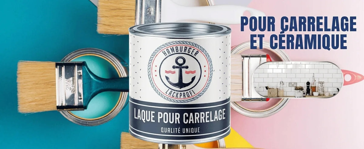 Pot de peinture Fliesenlack (carrelage) Hamburger Lackprofi, avec pinceaux et carrelage cuisine.