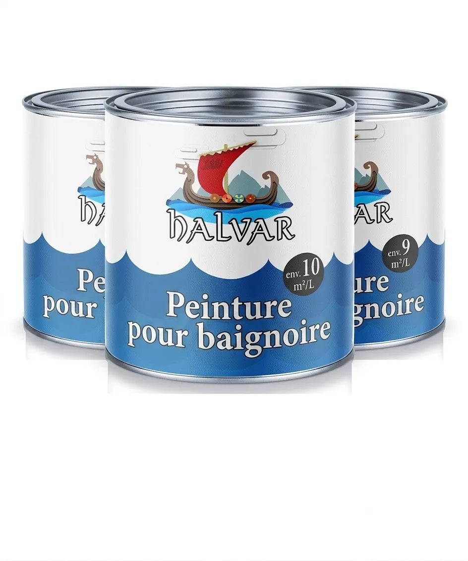 Trois pots de peinture HALVAR pour baignoire (Badewannenlack) avec logo viking, rendement indiqué.