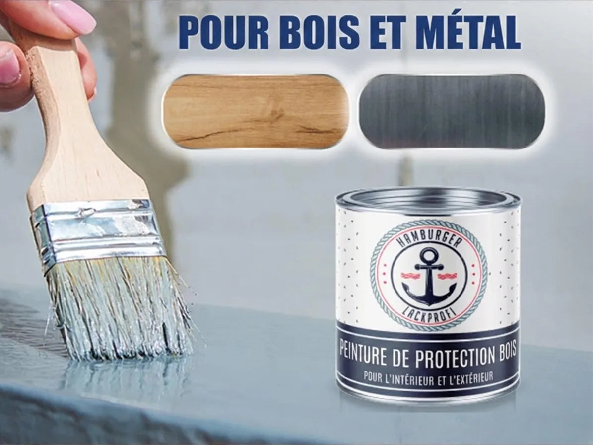 Peinture de protection pour bois et métal, appliquée avec un pinceau. Visuel du pot de peinture et des matériaux.
