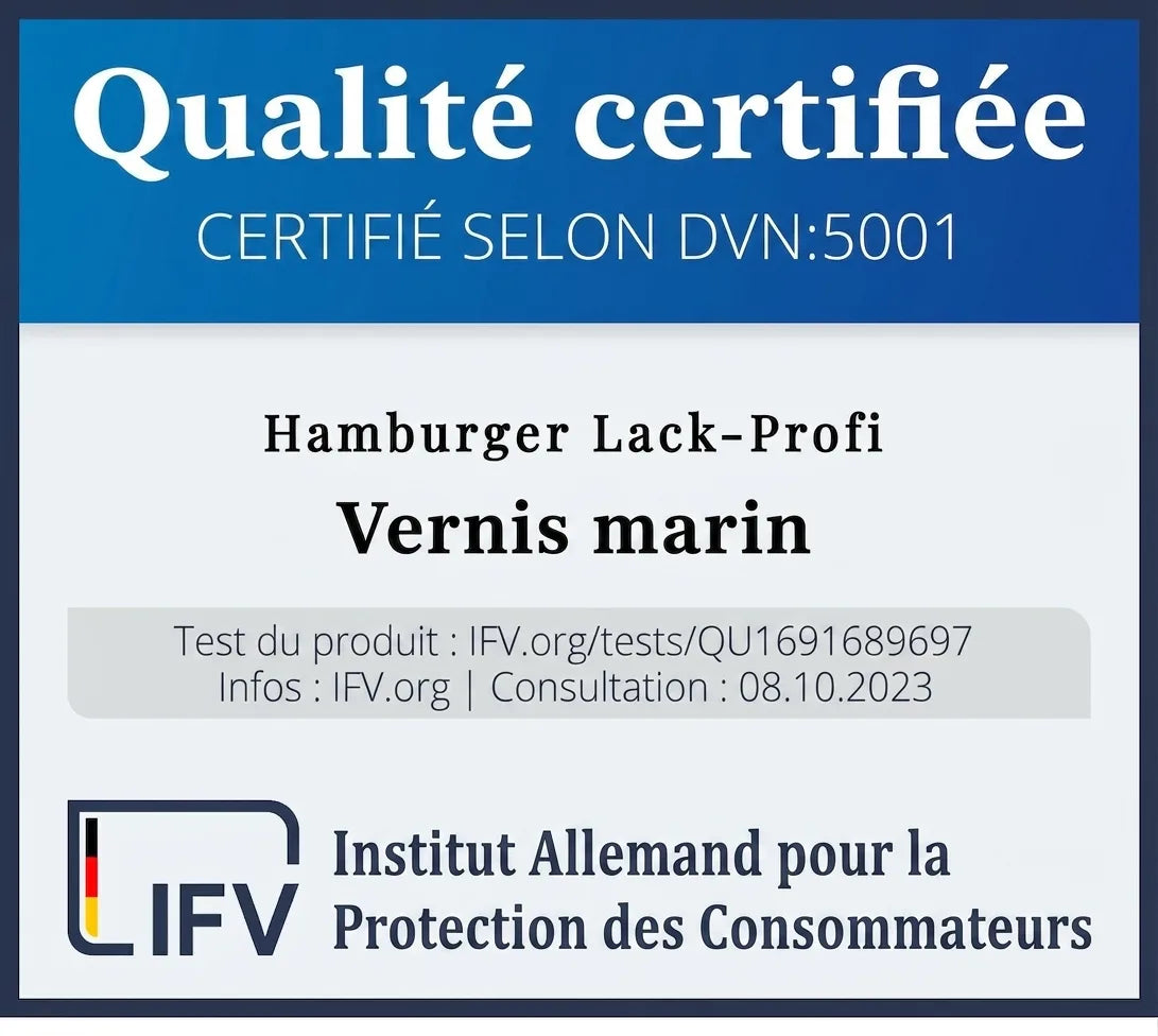 Certification qualité pour laque bateau Hamburger Lack-Profi, testée par l'Institut allemand de protection des consommateurs.