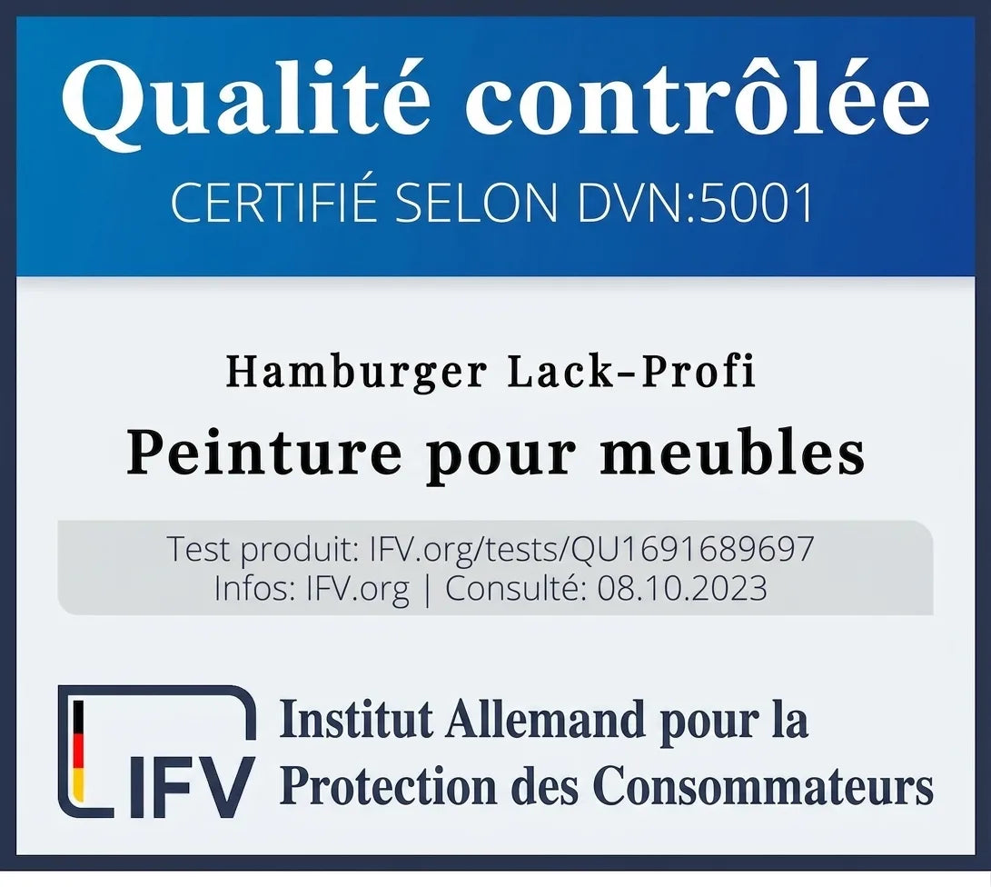 Certification qualité IFV pour peinture meuble Hamburger Lack-Profi, testée et certifiée DVN:5001.