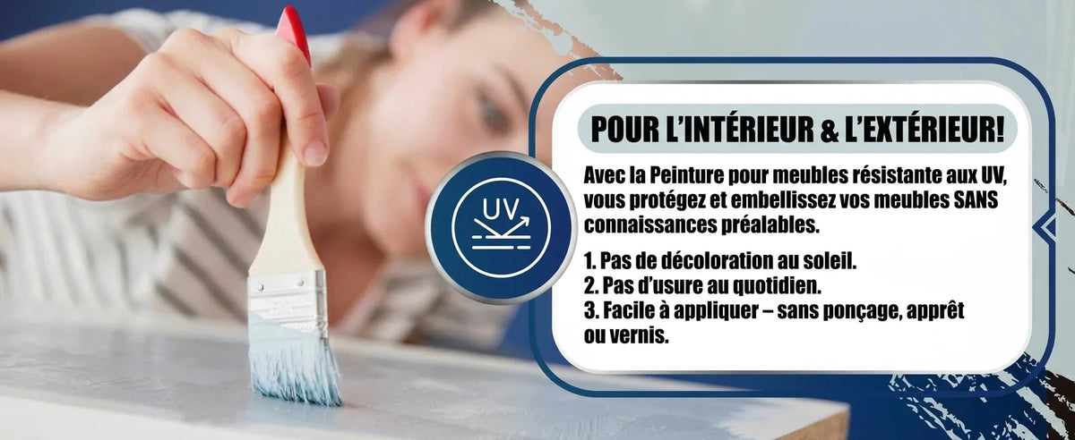 Peinture meuble résistante UV pour intérieur/extérieur. Application facile, protège de l'usure et décoloration.