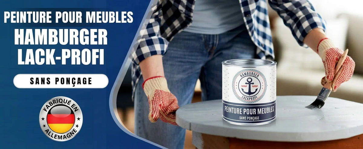 Peinture pour meubles Hamburger Lack-Profi "sans ponçage". Une personne peint une table. Fabriqué en Allemagne.