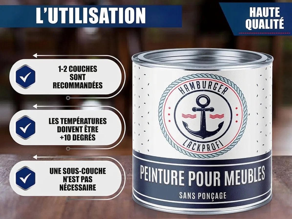 Image d'un pot de peinture pour meubles Hamburger Lackprofi de haute qualité, sans ponçage, avec conseils d'utilisation.