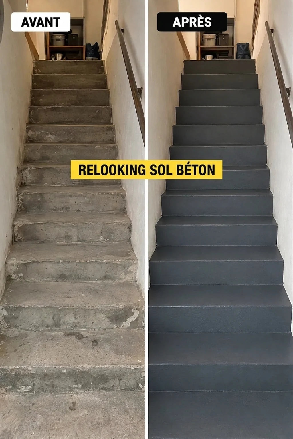 Avant et après : escaliers en béton gris, d'usés à fraîchement peints, lisses et propres.