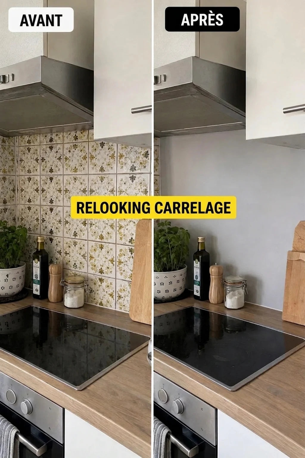 Comparaison avant et après rénovation d'une cuisine : les vieux carrelages remplacés par un mur lisse et gris au-dessus du plan de travail.