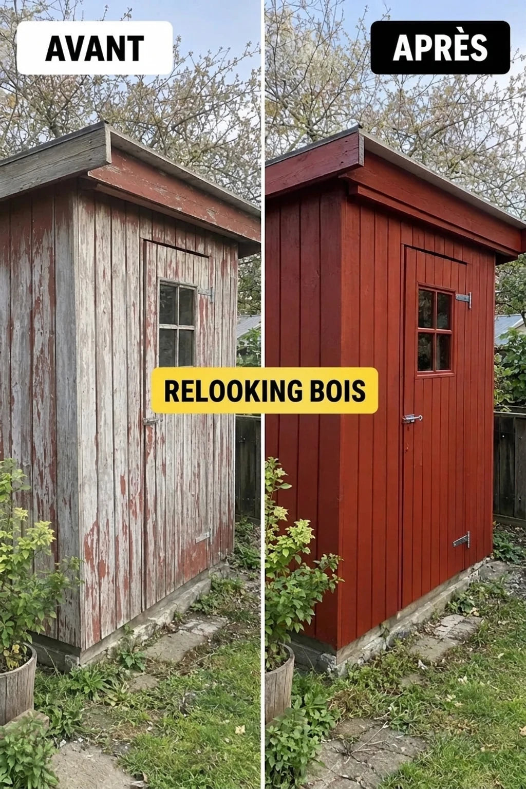 AVANT et APRÈS : Rénovation d'un abri en bois, d'une peinture écaillée à un rouge intense fraîchement appliqué.