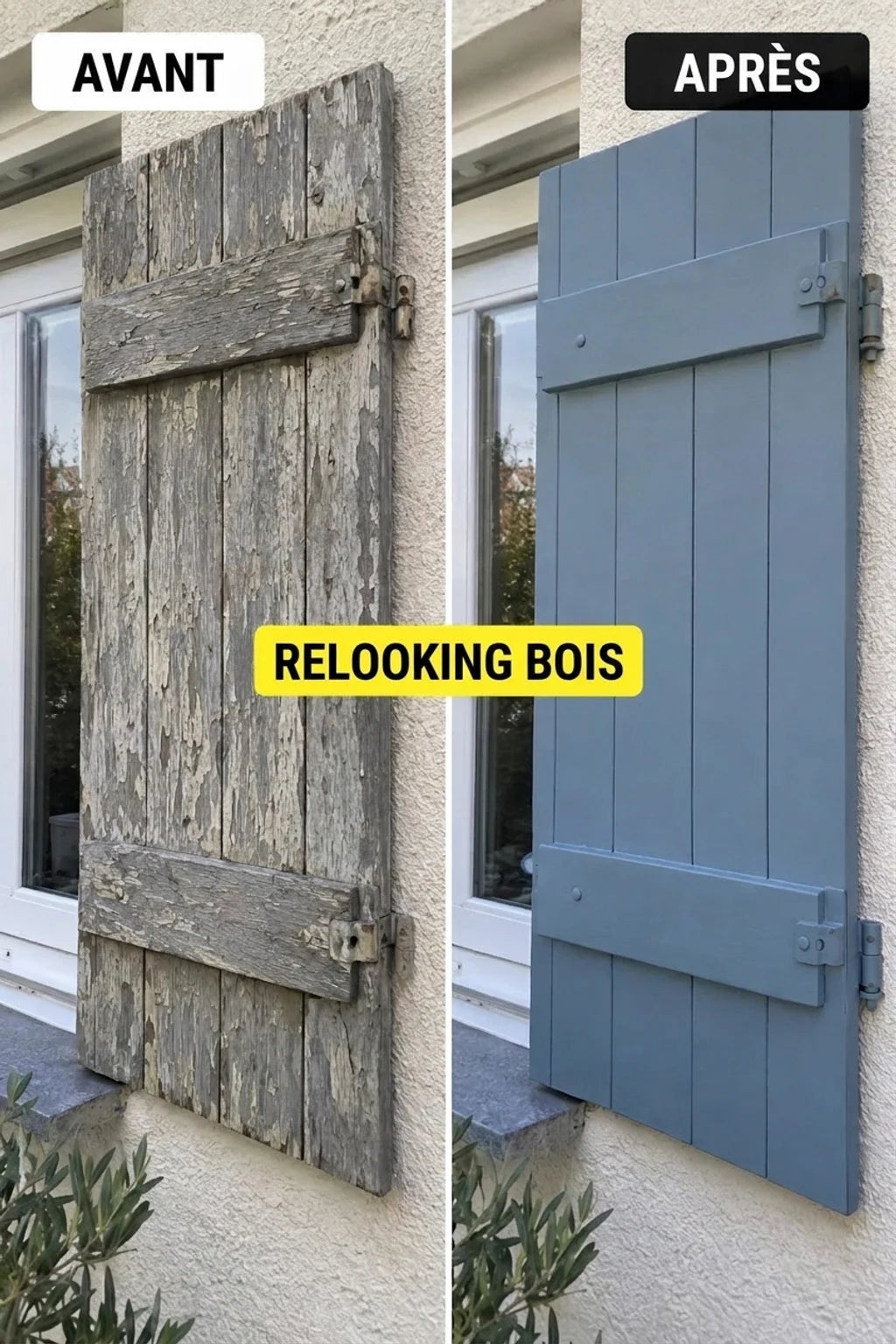 Photo avant et après : un volet en bois abîmé avant métamorphose, à côté d'un nouveau volet bleu-gris.