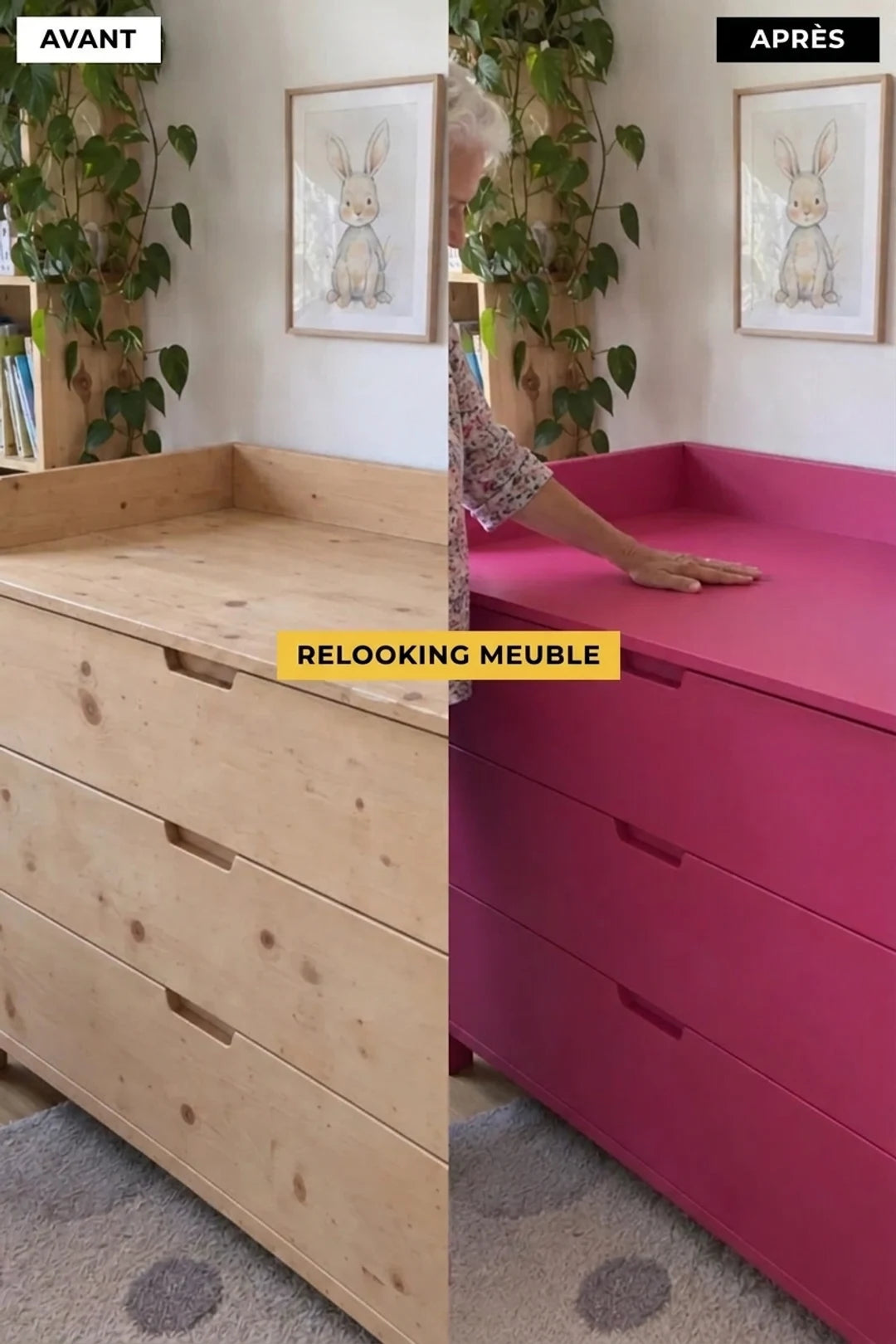 Commode avant et après rénovation : bois naturel contre rose intense.