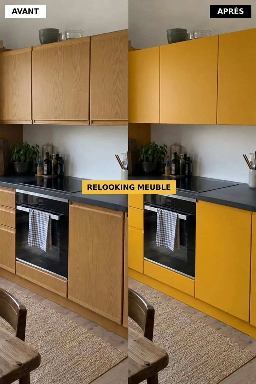 Photo comparative d'une cuisine avant et après métamorphose des meubles, avec des placards en bois changés en jaune moutarde.