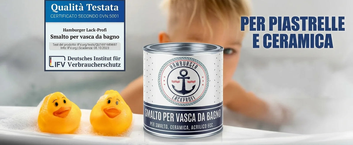 Vernice Hamburger Lack-Profi certificata per vasche da bagno e piastrelle, con bambino e paperelle.
