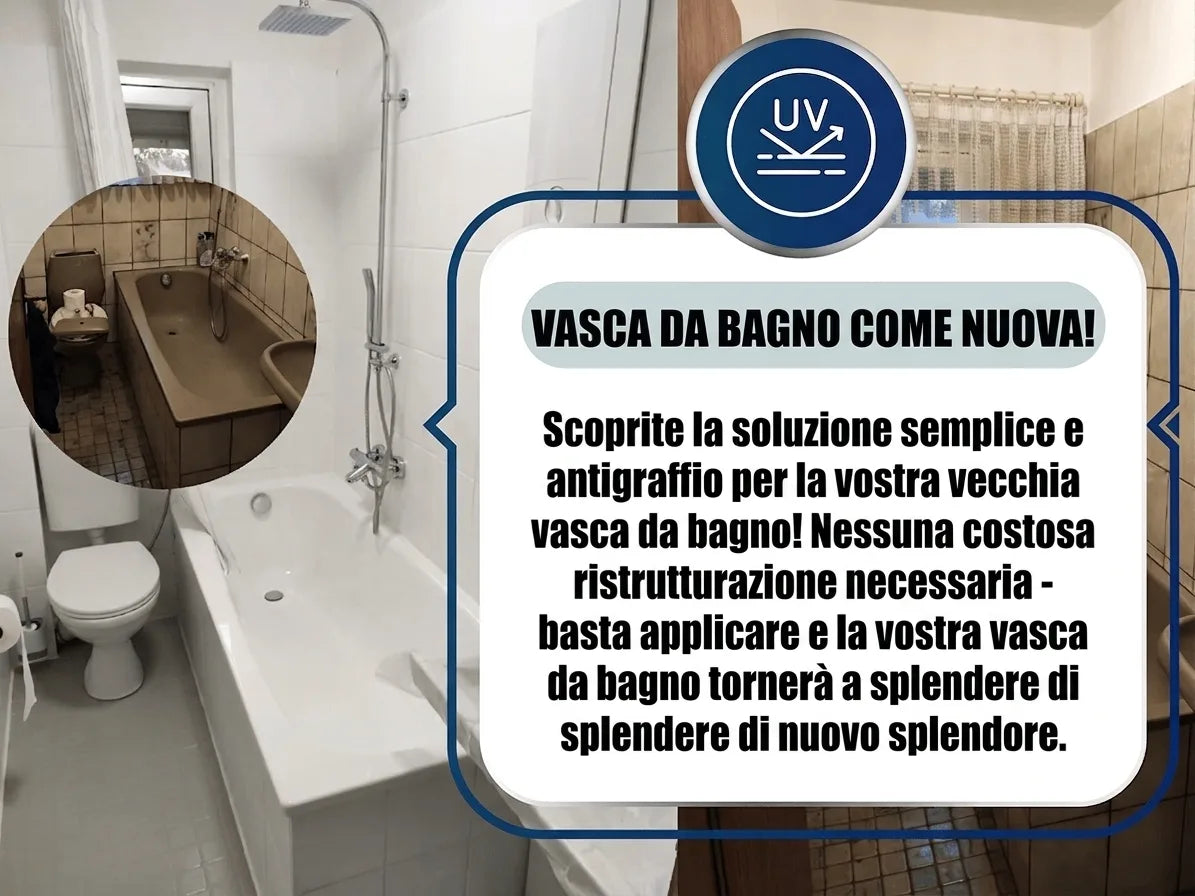 Vasca da bagno come nuova! Pubblicità con immagine prima e dopo di una vasca rinnovata e bianca.