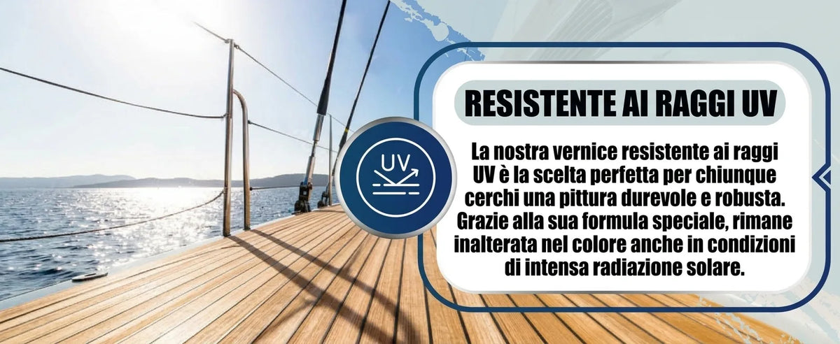 Immagine di una barca con testo in tedesco "UV-BESTÄNDIG" che promuove una vernice resistente ai raggi UV, durevole e colorata.