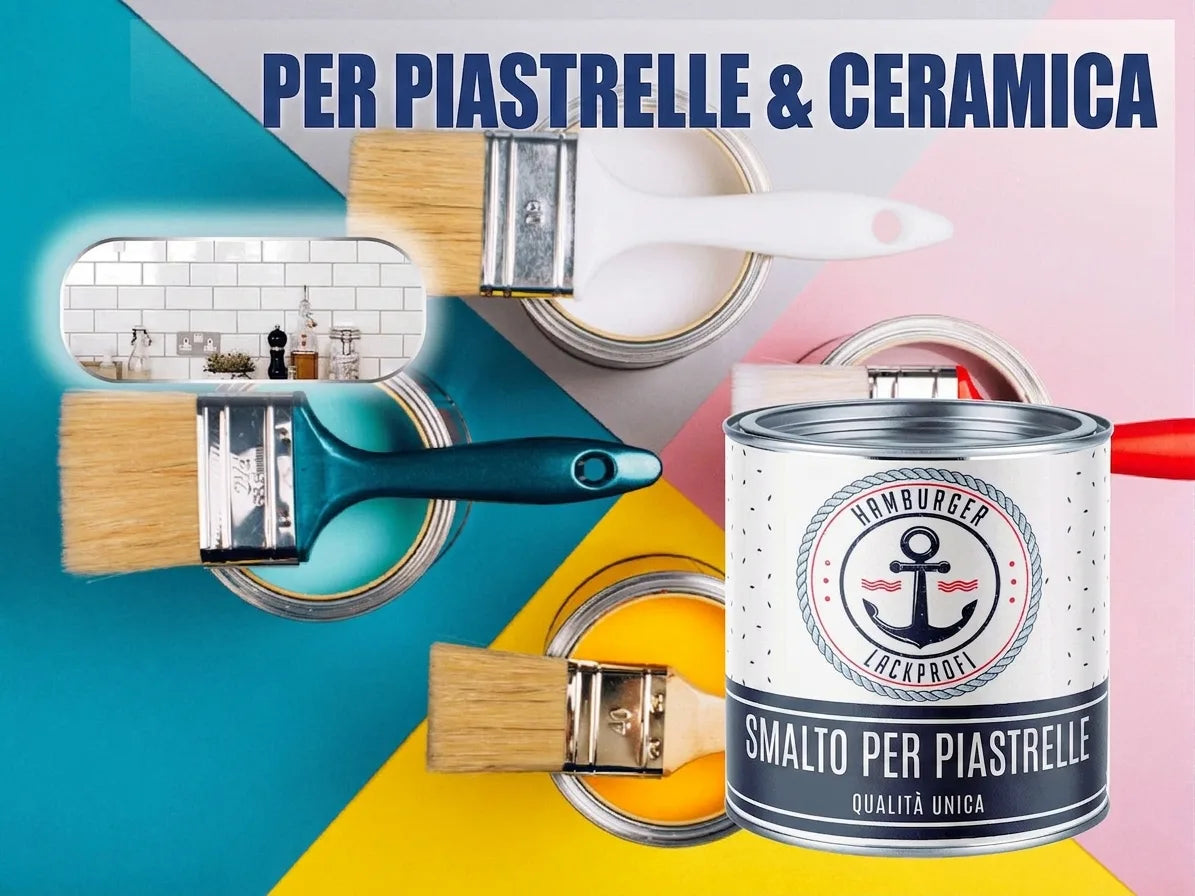 Vernice per piastrelle e ceramiche: barattolo di pittura, pennelli colorati e piastrelle da cucina. Qualità unica.