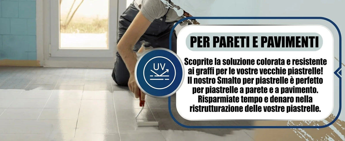 Ristrutturazione bagno: persona applica vernice piastrelle per pareti e pavimenti, soluzione resistente a graffi e UV.