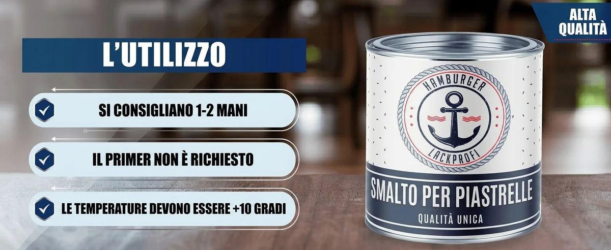 Lattina di vernice per piastrelle con istruzioni d'uso: 1-2 mani, nessun primer, +10°C. Alta qualità.