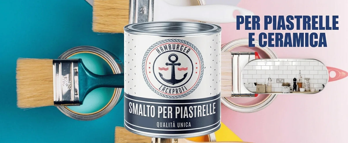 Vernice per piastrelle e ceramiche: lattina con logo ancora, pennelli e piastrelle bianche.