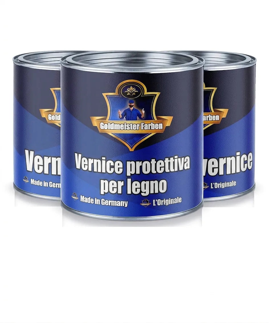 Tre barattoli di vernice protettiva per legno Goldmeister Farben, Made in Germany, l'originale.