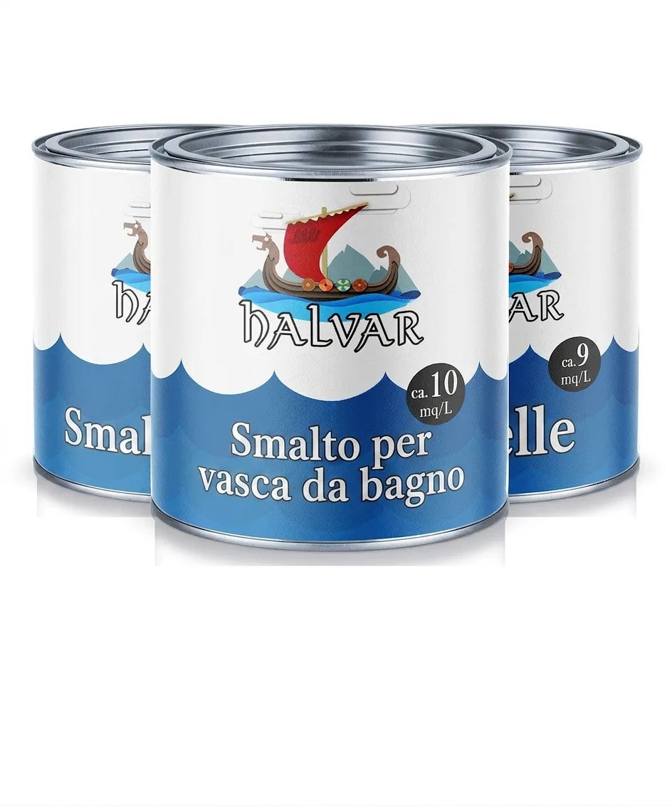 Tre barattoli di vernice DALVAR, tra cui vernice per vasche da bagno, con logo nave vichinga e indicazioni di copertura.