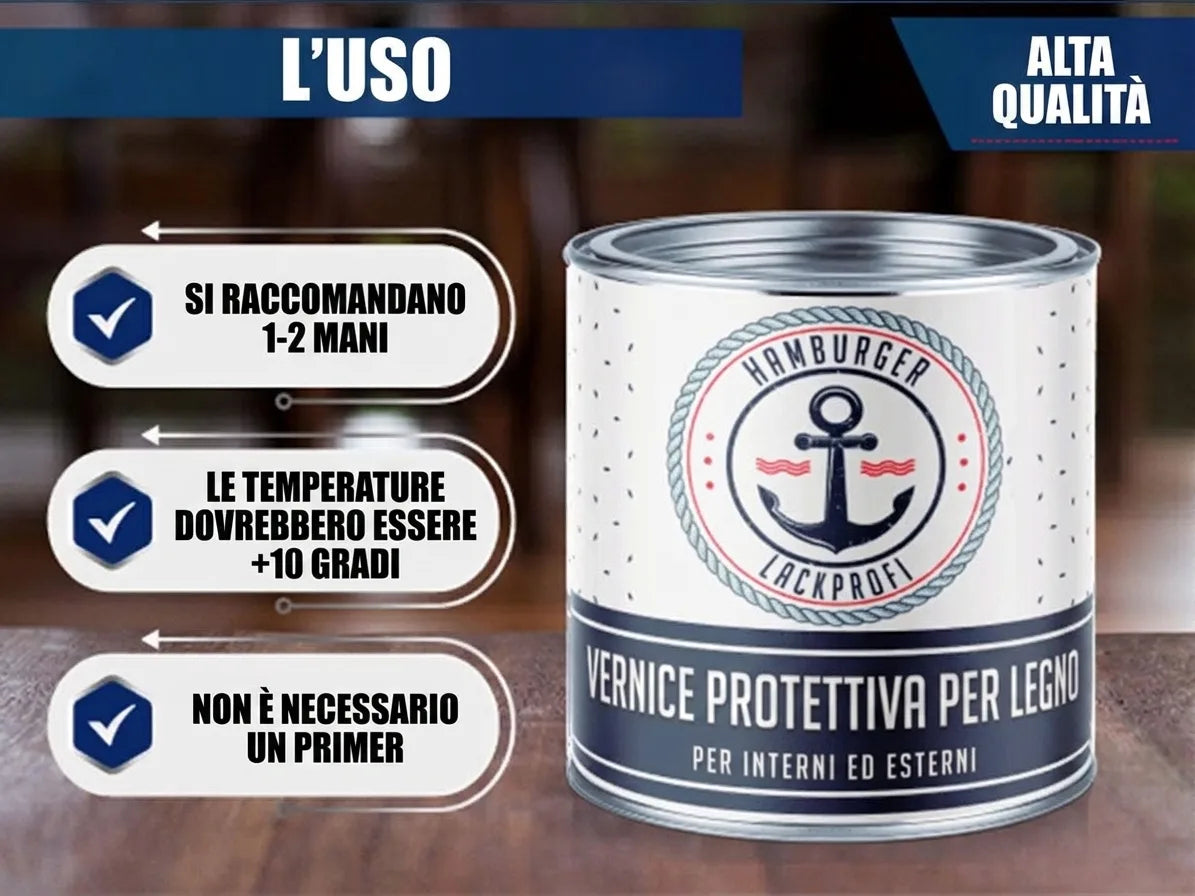 Barattolo di vernice protettiva per legno Hamburger Lackprofi. Istruzioni d'uso: 1-2 mani, +10°C, senza primer.