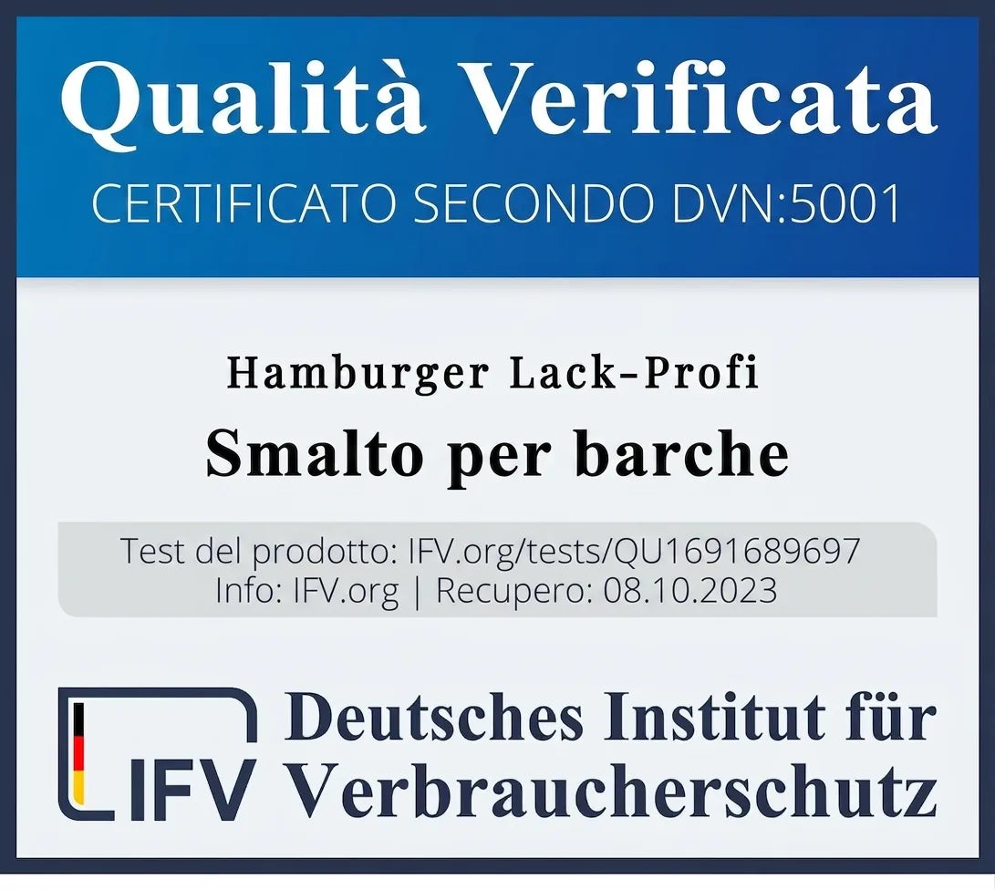 Certificato di qualità per vernice per barche Hamburger Lack-Profi. Testato e certificato IFV.