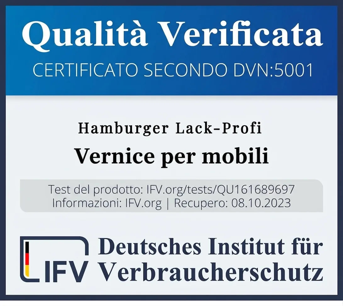 Certificato di qualità per vernice per mobili Hamburger Lack-Profi dall'Istituto tedesco per la protezione dei consumatori.