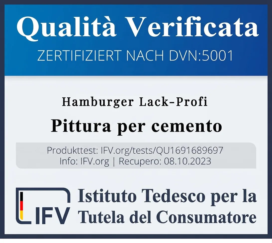 Certificazione di qualità per vernice per cemento Hamburger Lack-Profi, testata dall'Istituto Tedesco per la Protezione dei Consumatori.