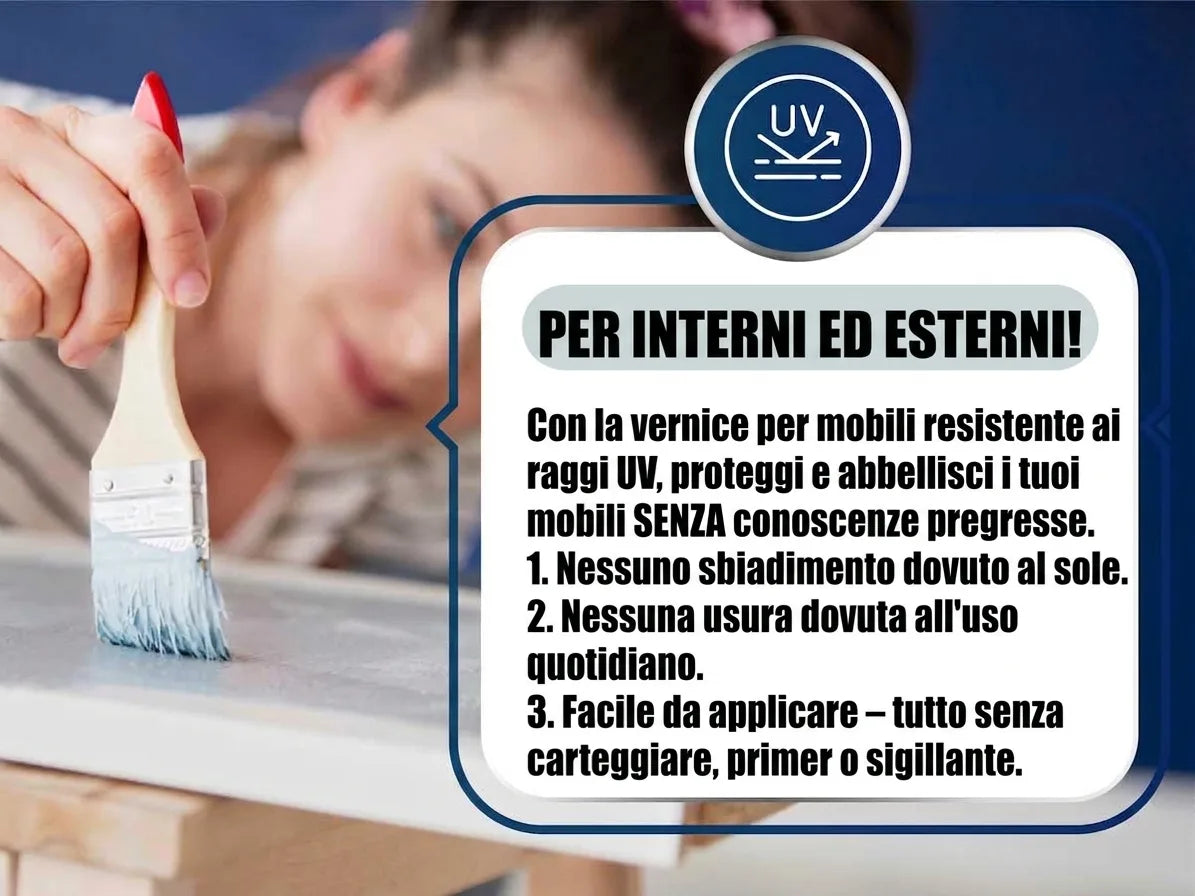 Mano che dipinge con pennello, testo pubblicitario per vernice mobili UV resistente, per interni/esterni, facile da applicare senza preparaz
