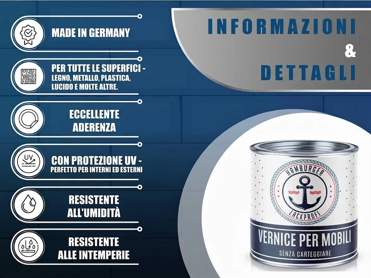 Vernice per mobili 'Hamburger Lackprofi' Made in Germany. Resistente a UV, umidità e intemperie, per ogni superficie.