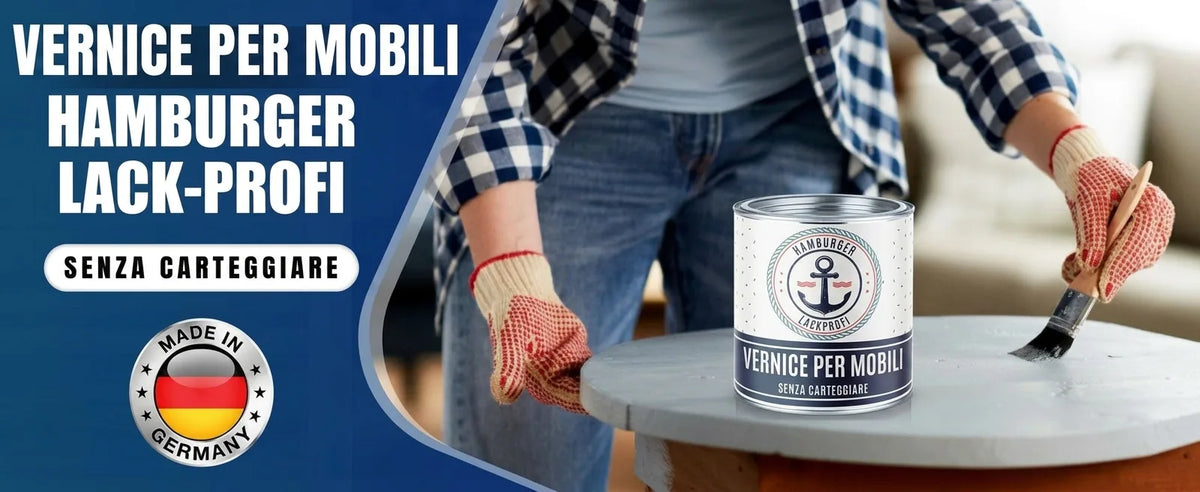 Vernice per mobili Hamburger Lack-Profi, Made in Germany. Una persona pittura un tavolo senza carteggiare.