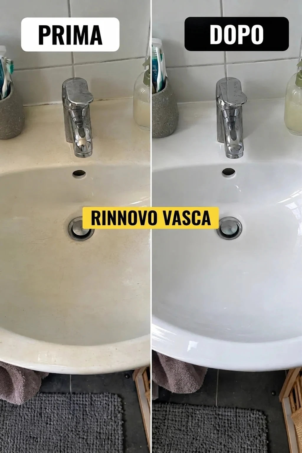 PRIMA e DOPO: Metamorfosi della vasca da bagno. Vasca da bagno vecchia e sporca (prima) e perfettamente pulita e bianca (dopo la ristrutturazione).