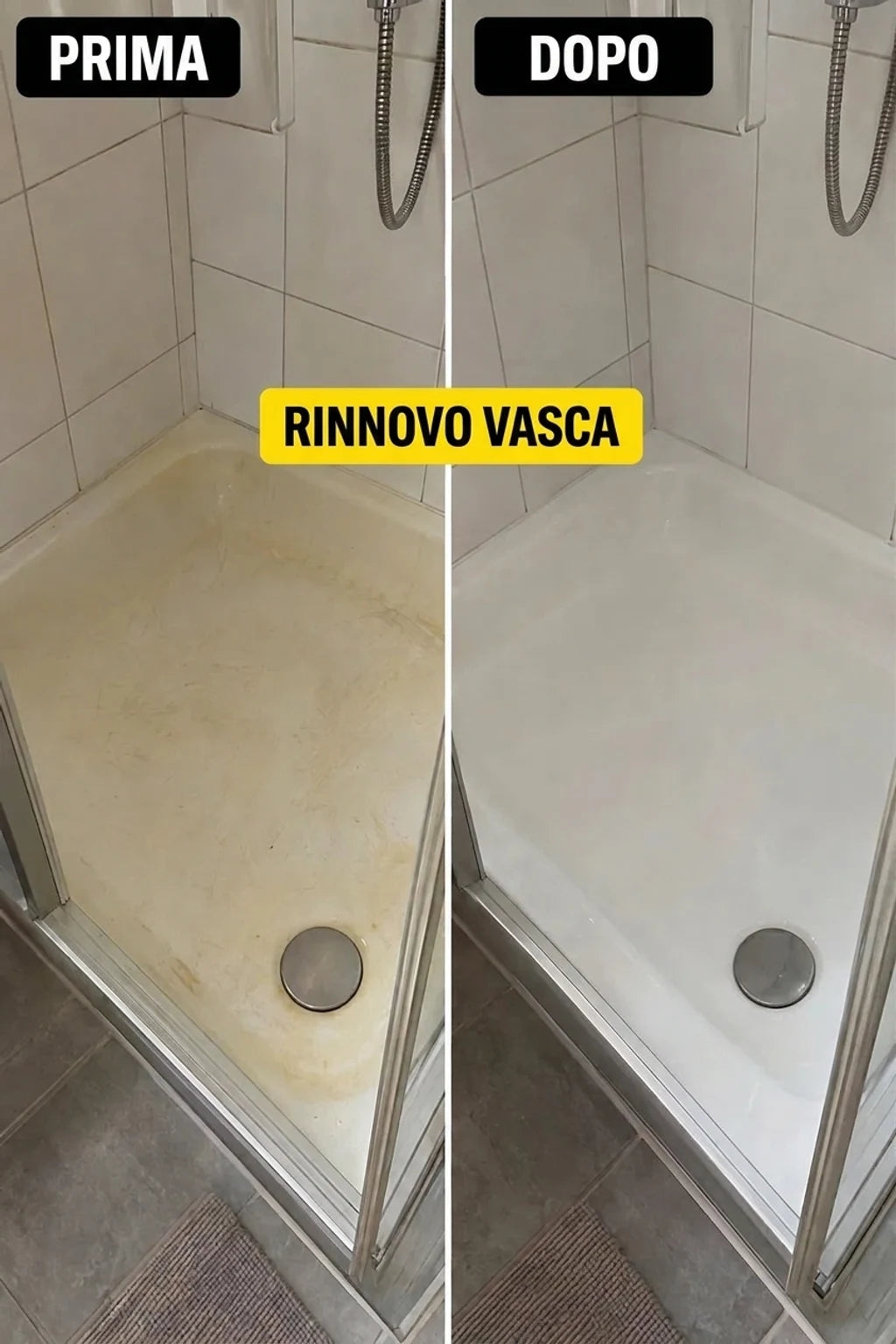 Prima e dopo la ristrutturazione: piatto doccia sporco e giallastro è diventato bianco brillante. Ristrutturazione del bagno.