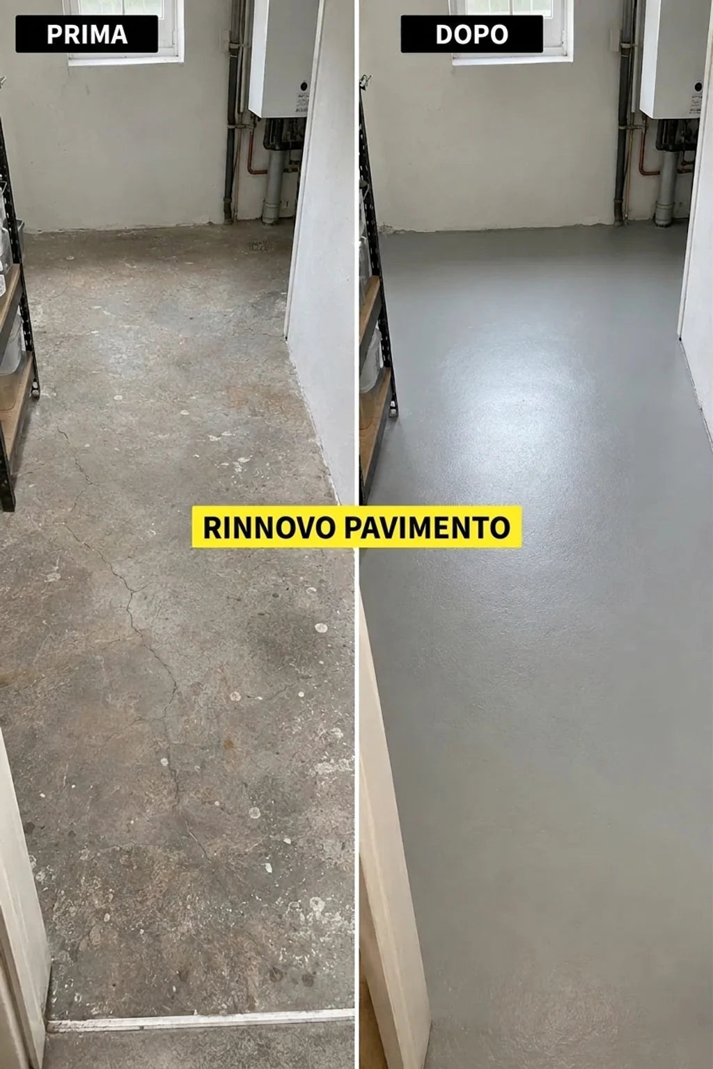 Prima e dopo la ristrutturazione del pavimento in cemento, che mostra un pavimento sporco e crepato prima e uno liscio e grigio dopo.