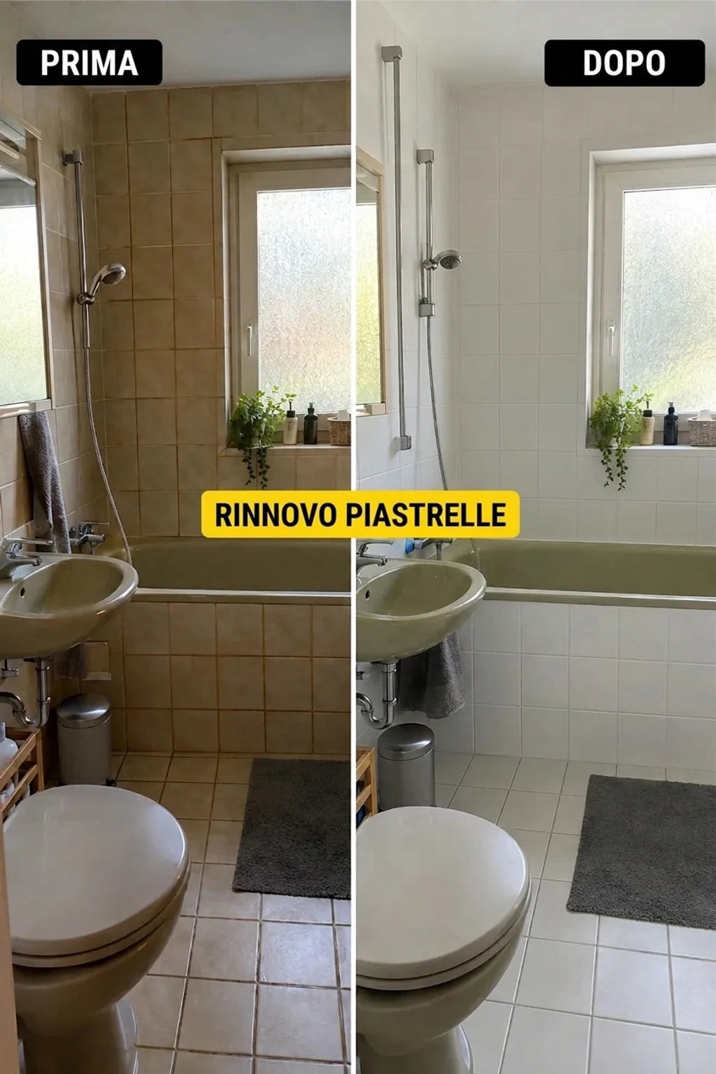 Bagno prima e dopo la metamorfosi: vecchie piastrelle beige hanno lasciato il posto a piastrelle bianche chiare, rinfrescando l'ambiente.