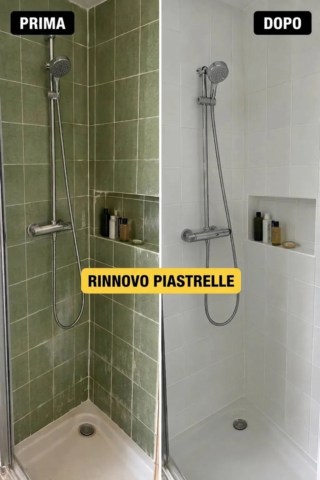 Prima e dopo la metamorfosi delle piastrelle nella doccia: vecchie piastrelle verdi cambiate con nuove, bianche.