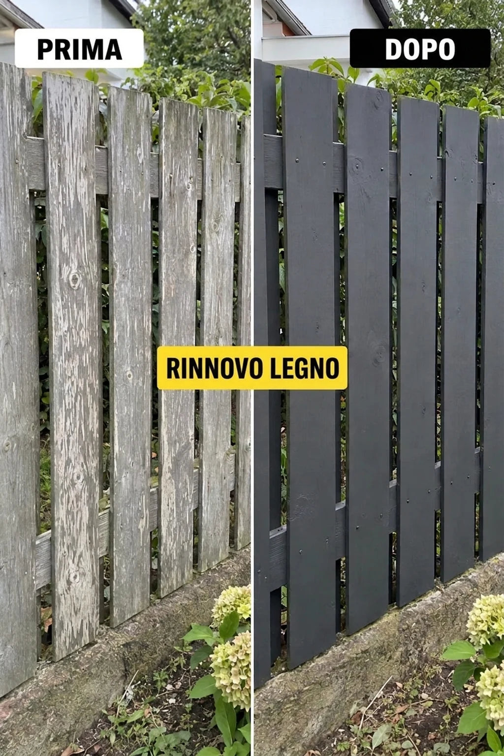 Recinzione in legno: prima della ristrutturazione (grigia, sbiadita) e dopo la riverniciatura (grigio scuro, rinnovata).