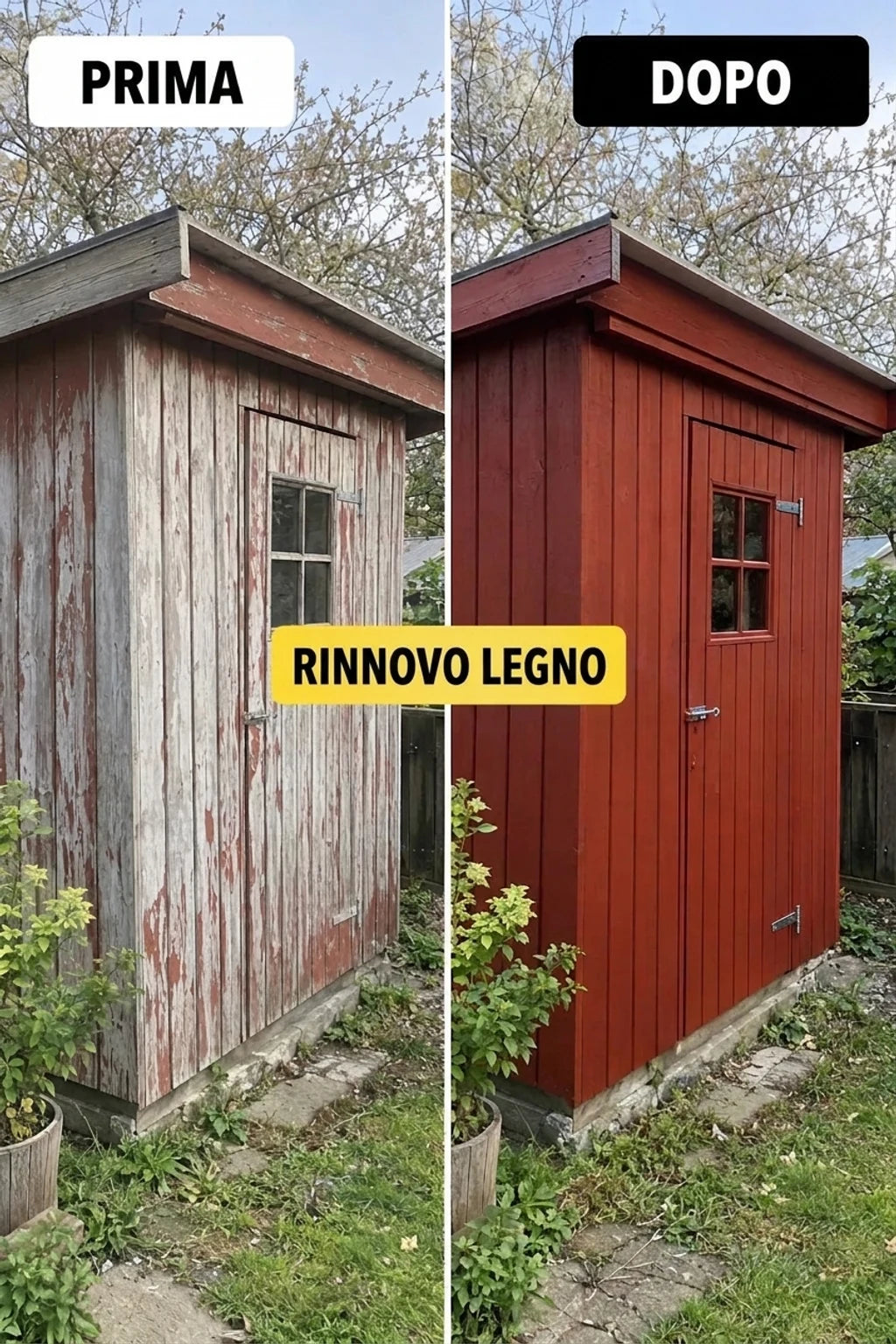 PRIMA e DOPO: Ristrutturazione di un capanno in legno con vernice che si sfoglia, ora dipinto di rosso intenso.