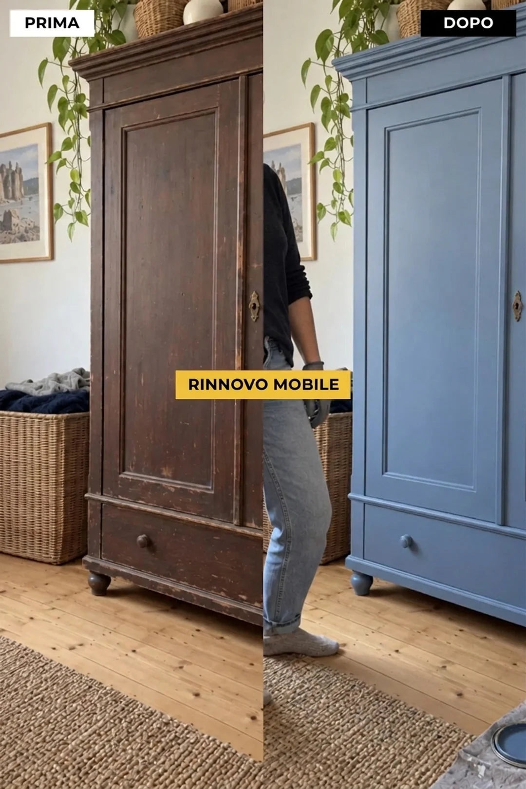 PRIMA e DOPO: Vecchio armadio in legno scuro sottoposto a metamorfosi e ridipinto di blu. Rapido rinnovo dei mobili.