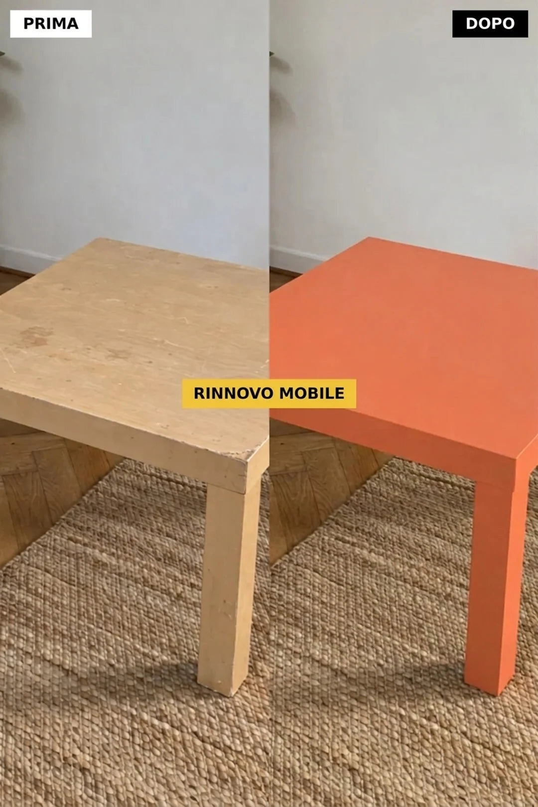 Prima e dopo la ristrutturazione: tavolo in legno chiaro danneggiato trasformato in un moderno tavolino arancione.