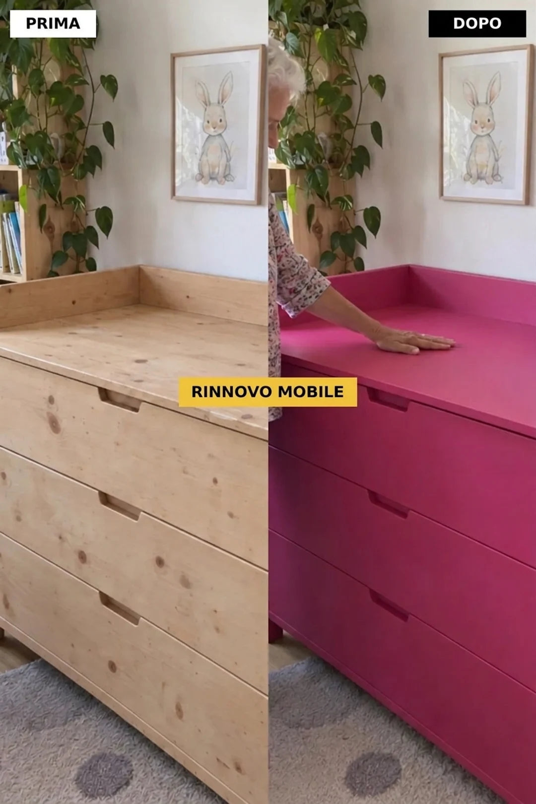 Mobile cassettiera prima e dopo la ristrutturazione: legno naturale contro rosa intenso.