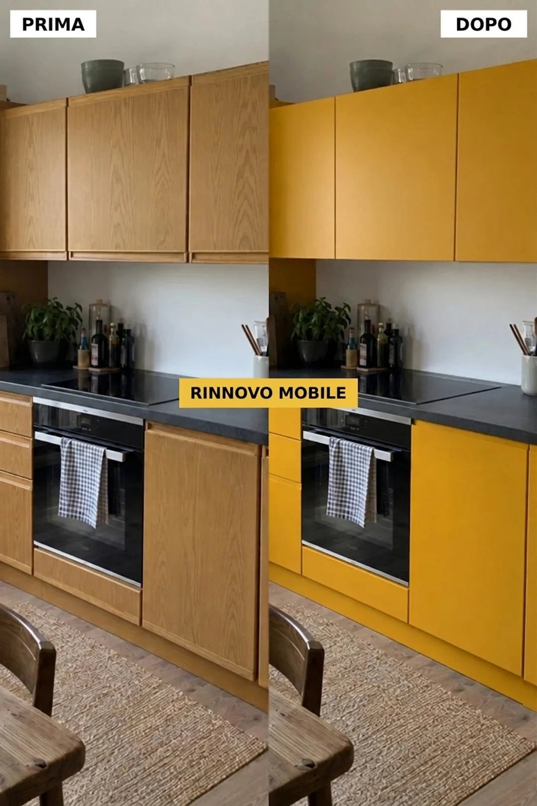 Foto comparativa della cucina prima e dopo la metamorfosi dei mobili, con armadietti in legno cambiati in giallo senape.