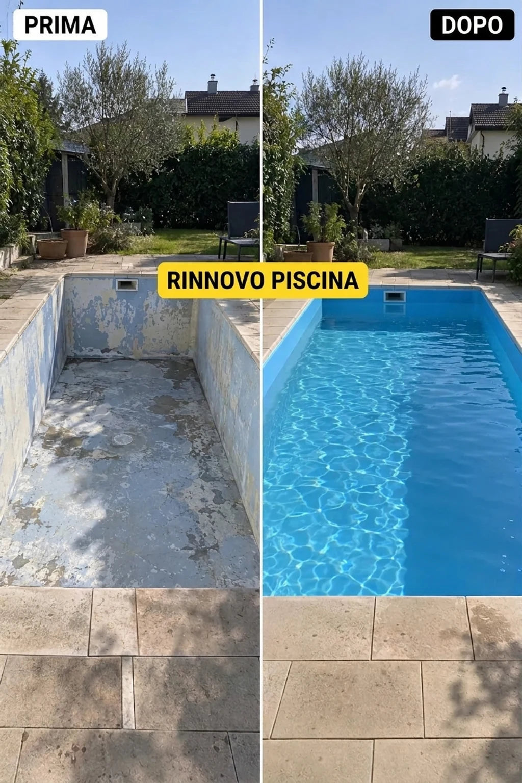 Ristrutturazione della piscina: foto prima e dopo. Piscina vuota e danneggiata trasformata in pulita, piena di acqua azzurra.