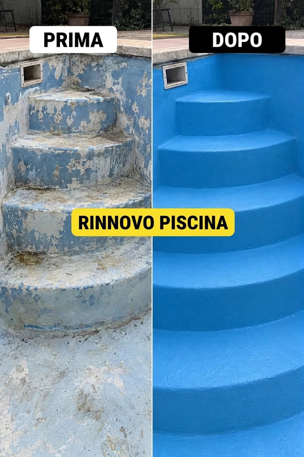 Foto comparativa prima e dopo la ristrutturazione della piscina: vecchie scale blu che si sfogliano vs. nuove, lisce, azzurro chiaro.