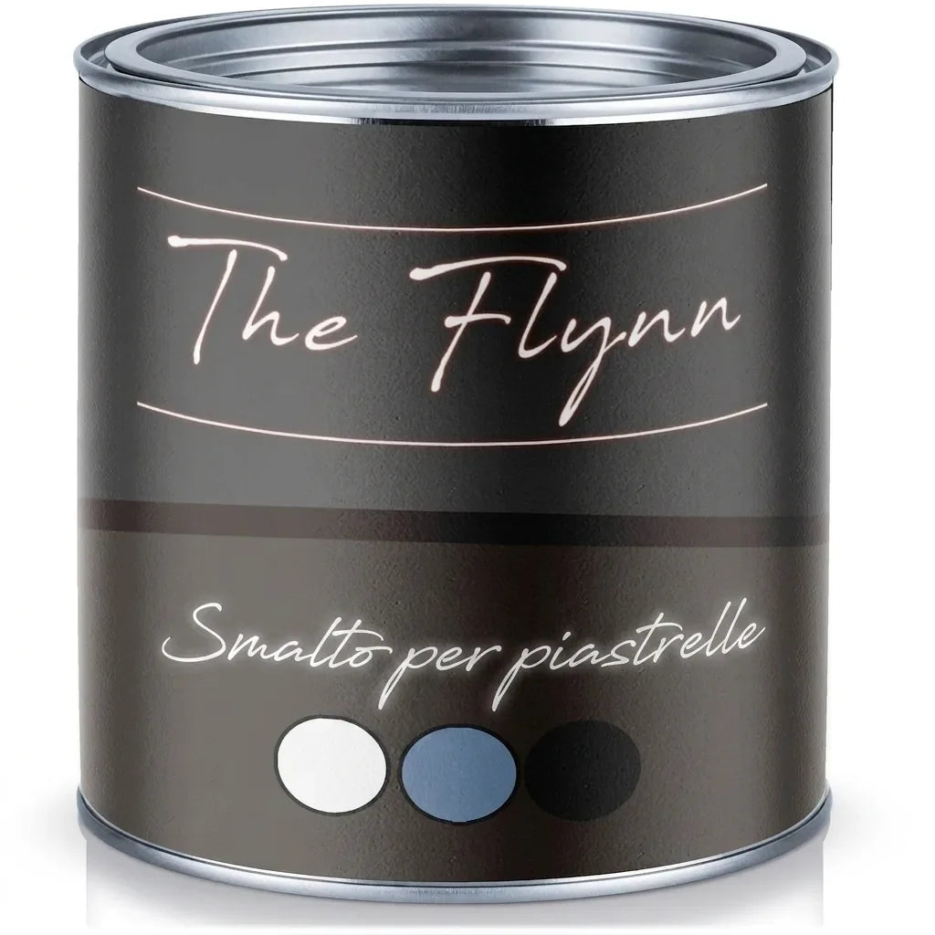 Barattolo di vernice per piastrelle The Flynn, con campioni di colore bianco, blu e nero.
